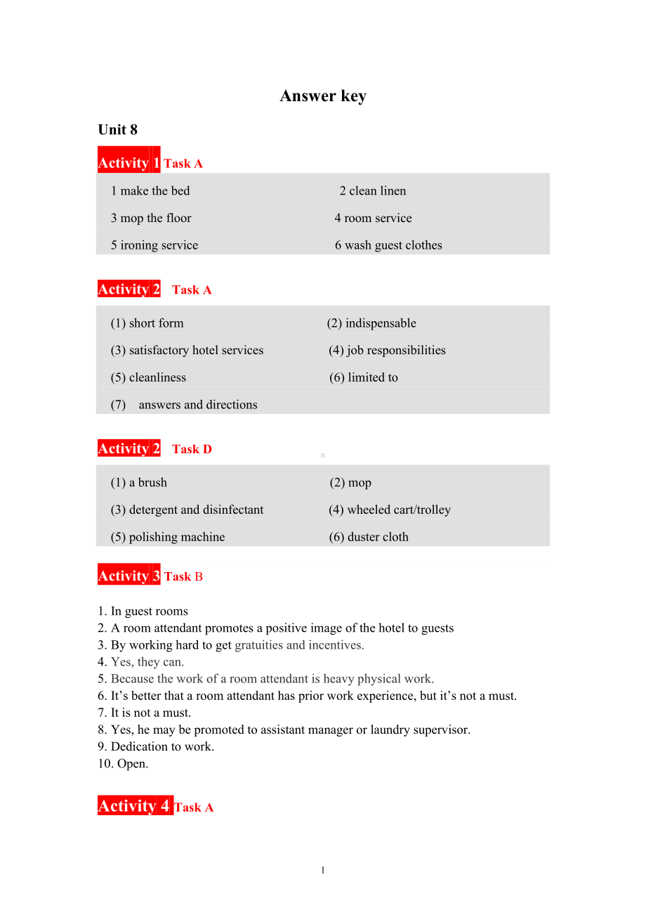 《酒店英语实训教程》答案Unit 8 answer key.doc_第1页