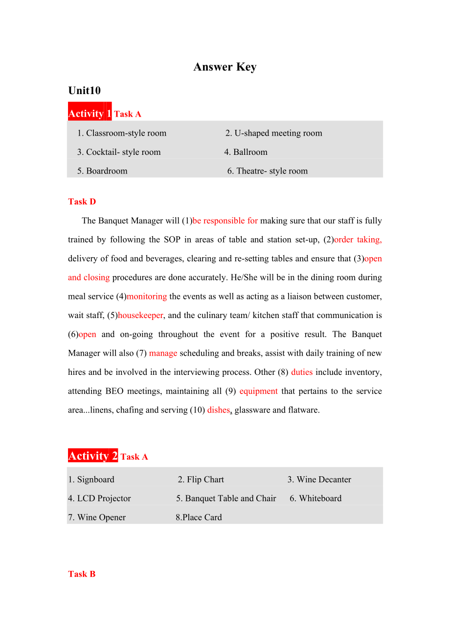 《酒店英语实训教程》答案unit10 Answer key.doc_第1页