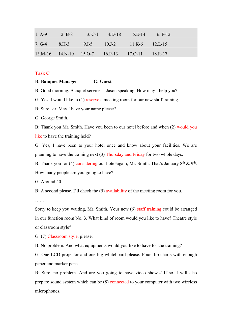 《酒店英语实训教程》答案unit10 Answer key.doc_第2页