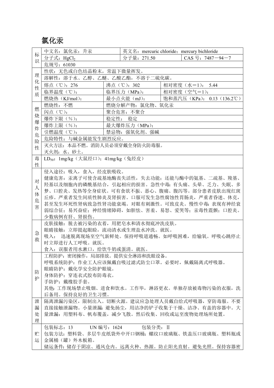 危险化学品安全技术说明书之氯化汞.docx_第1页