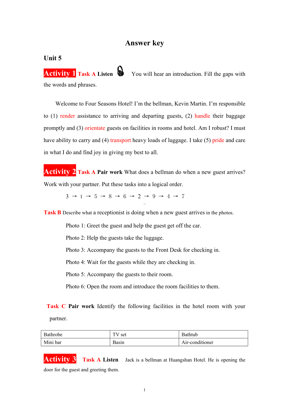 《酒店英语实训教程》答案unit 5 Answer Key(1.17).doc_第1页