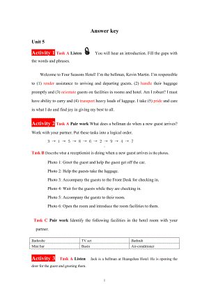 《酒店英语实训教程》答案unit 5 Answer Key(1.17).doc