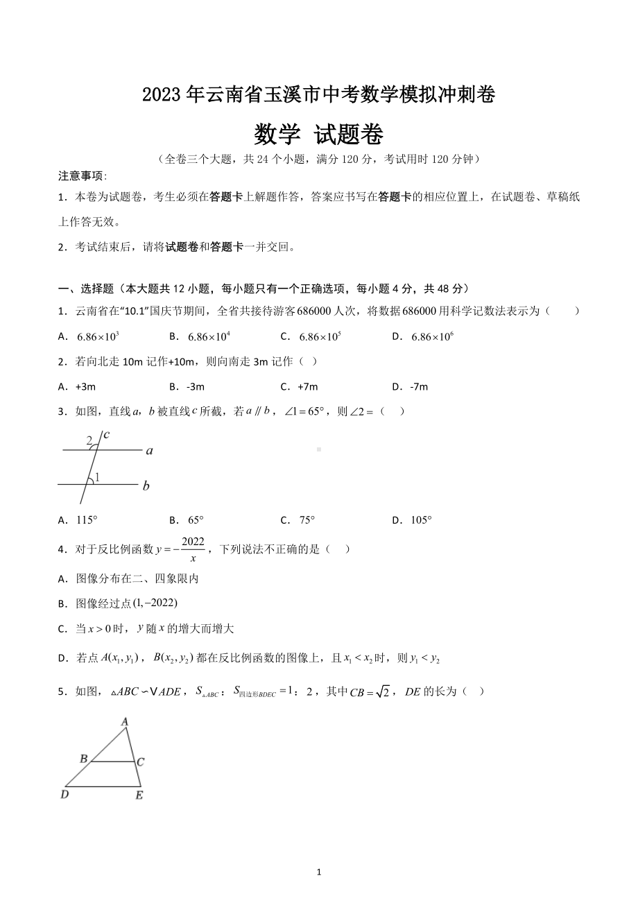 2023年云南省玉溪市中考数学模拟冲刺卷.docx_第1页