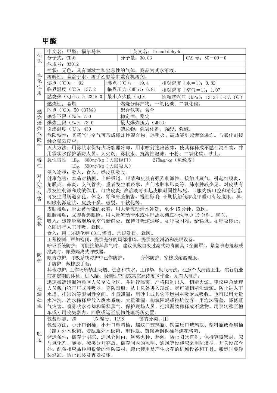 危险化学品安全技术说明书之甲醛.docx_第1页