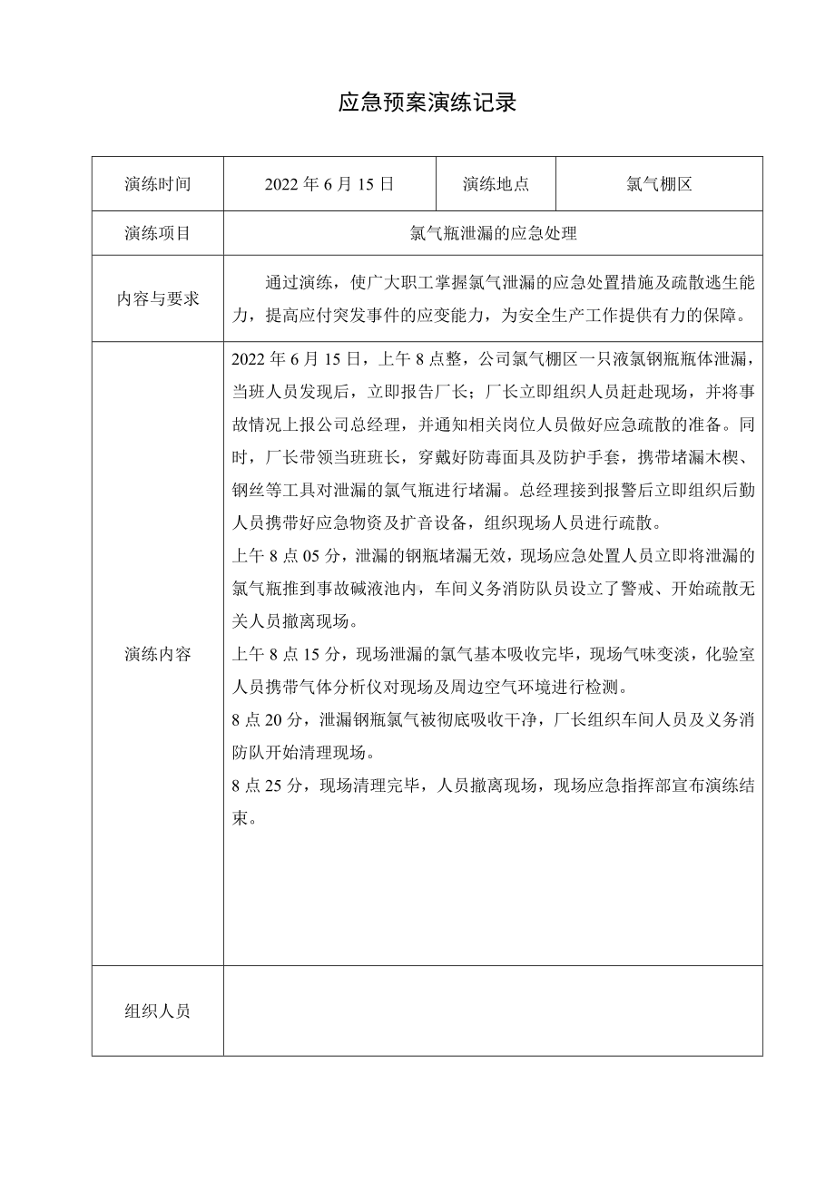 氯气钢瓶泄漏演练应急预案演练记录.doc_第1页