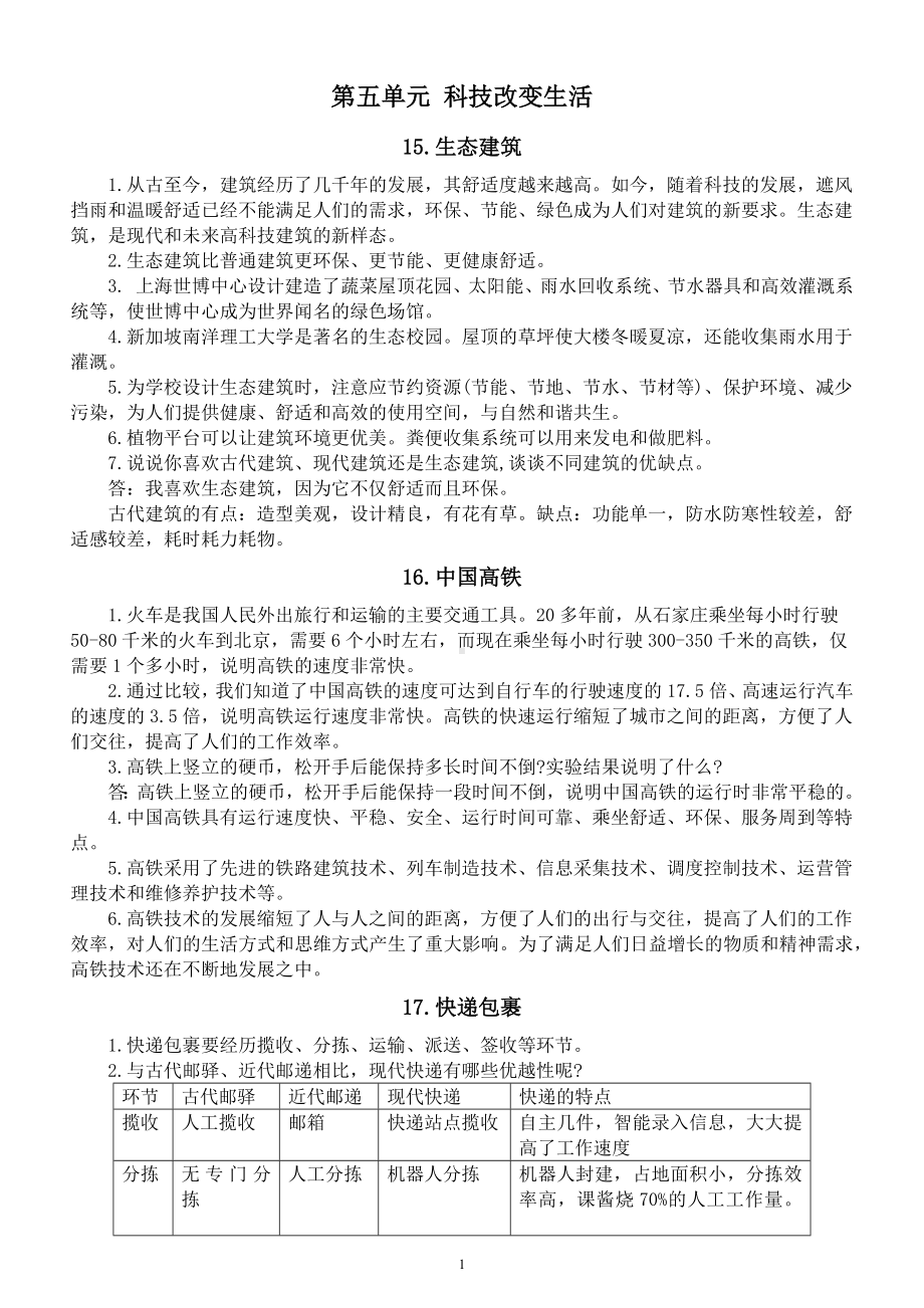 小学科学冀人版四年级下册第五单元《科技改变生活》知识点（2023春）.docx_第1页