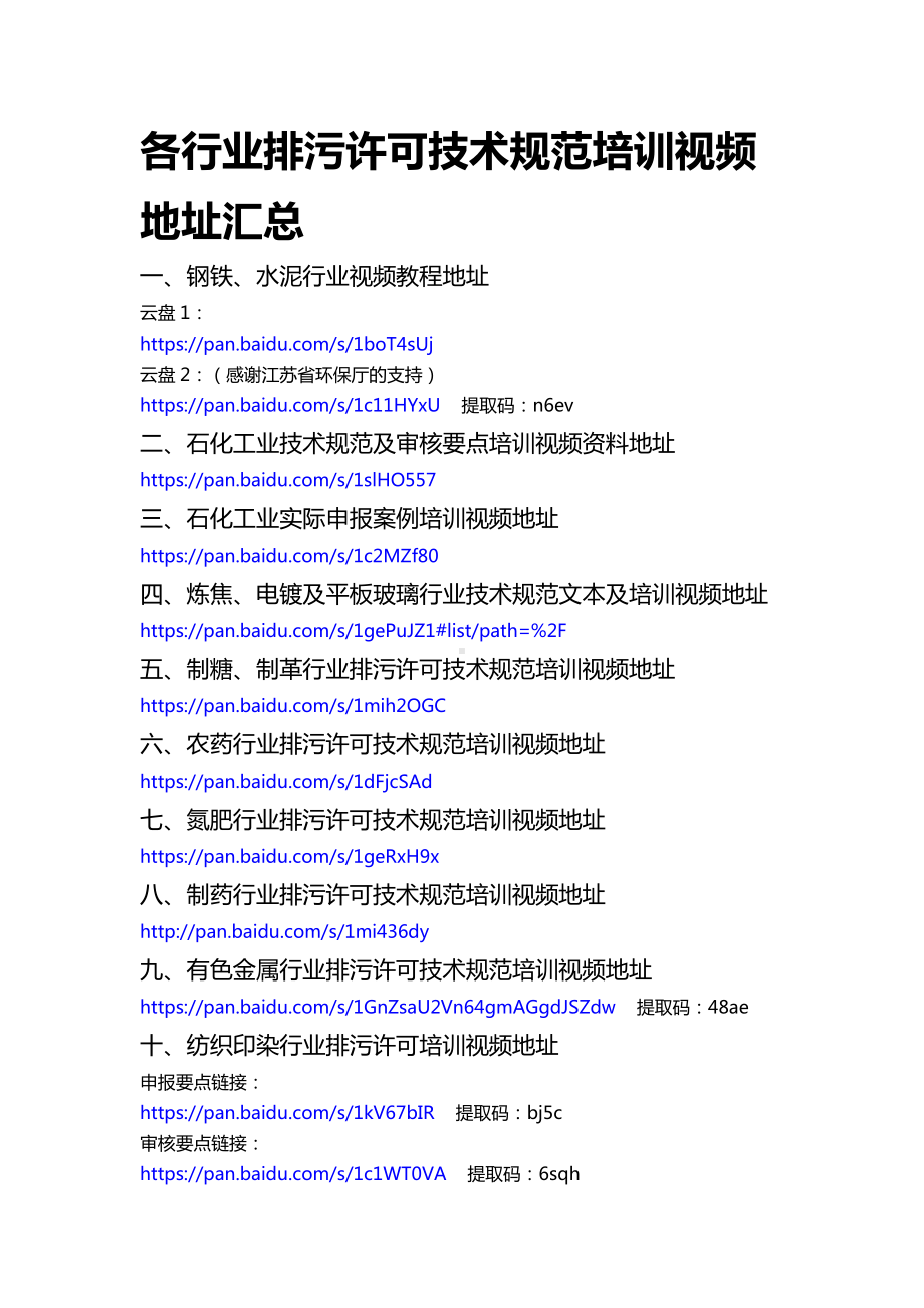 各行业排污许可技术规范培训视频地址汇总.docx_第1页