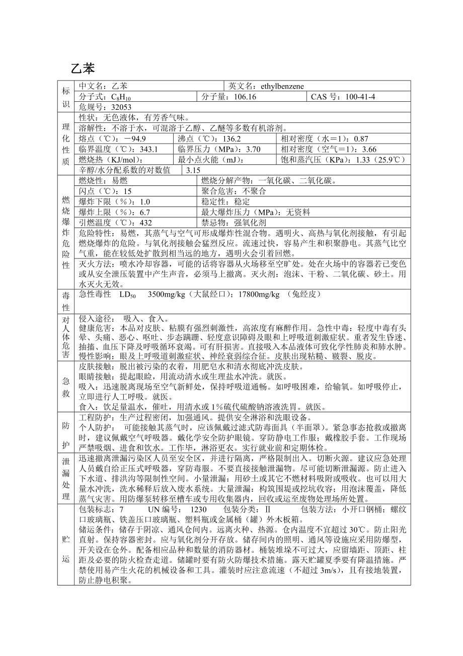 危险化学品安全技术说明书之乙苯.docx_第1页