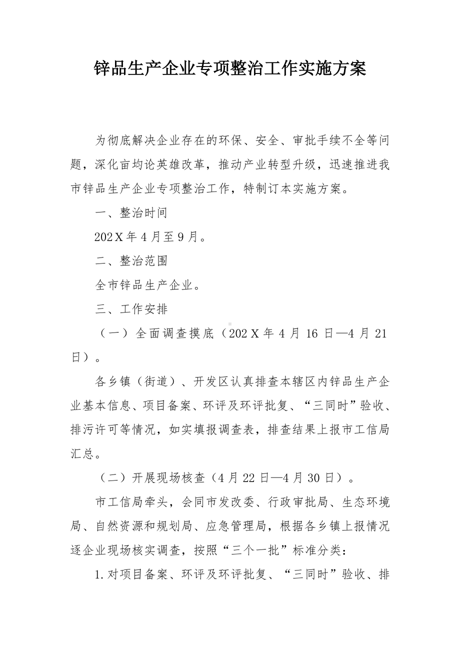 锌品生产企业专项整治工作实施方案.docx_第1页