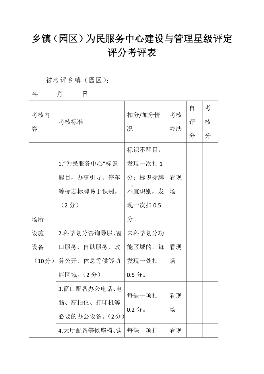 乡镇（园区）为民服务中心建设与管理星级评定评分考评表.docx_第1页