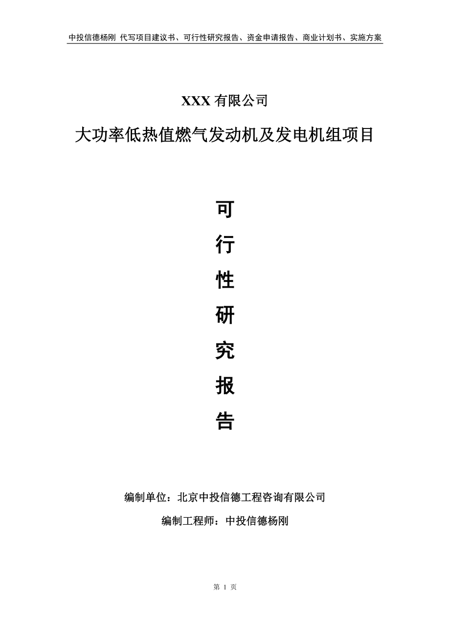 大功率低热值燃气发动机及发电机组可行性研究报告.doc_第1页