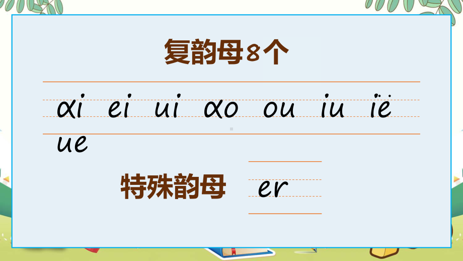 蓝色卡通幼儿园学拼音基础篇复韵母教学宣传课程PPT.pptx_第2页