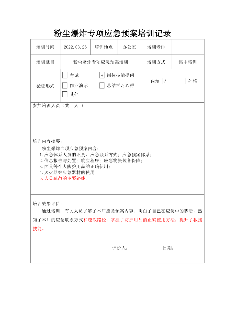 粉尘专项应急预案培训记录.docx_第1页