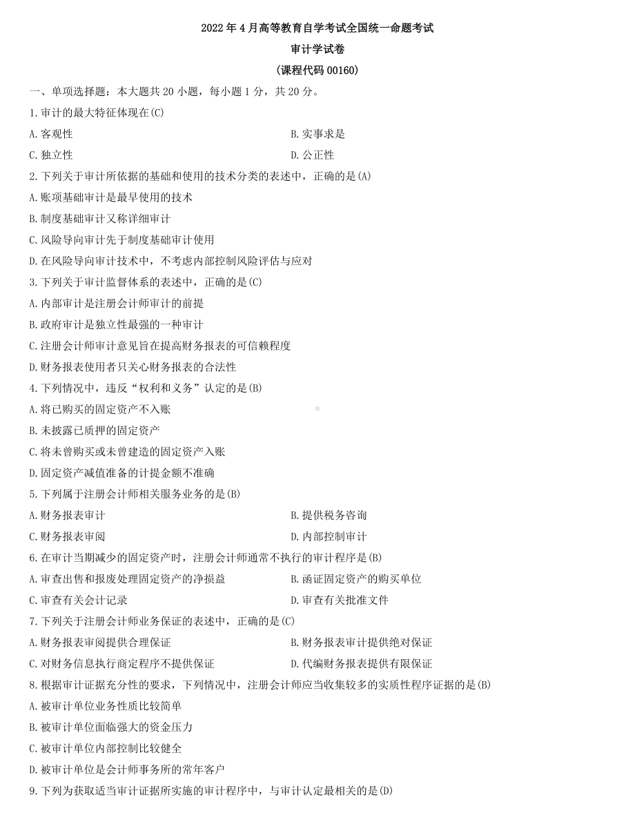 全国2022年4月自学考试00160审计学试题及答案.docx_第1页