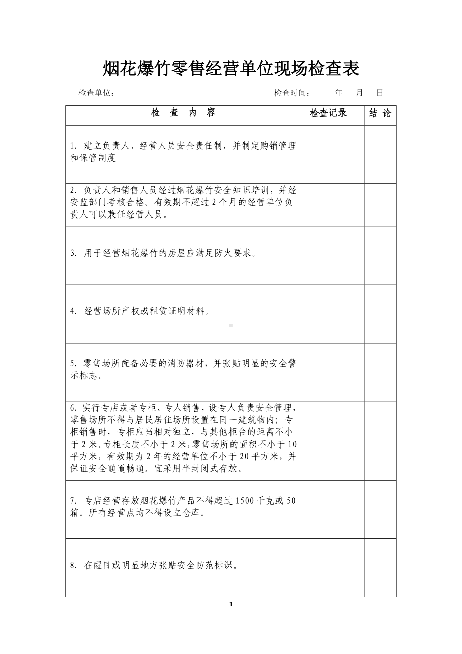 烟花爆竹零售经营单位现场检查表.docx_第1页