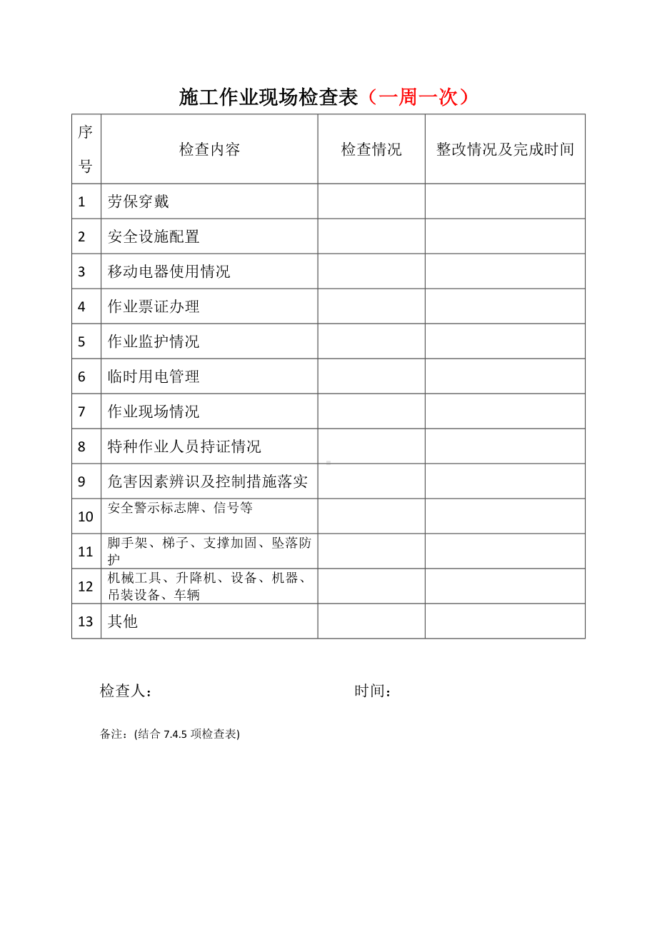 施工作业场检查表（公司自己补一周一次）.docx_第1页