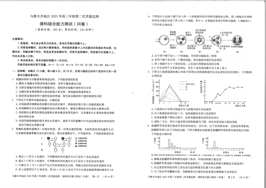 新疆乌鲁木齐地区2023届高三理科综合二模试卷+答案.pdf_第1页