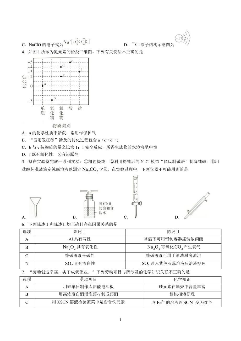 广东省2023届一模普通高中学业水平选择考模拟测试（一）化学试卷及答案.pdf_第2页