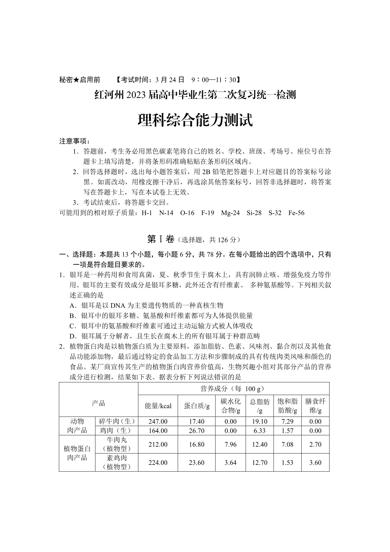 云南省红河州2023届高三第二次统一监测理科综合试卷+答案.pdf_第1页