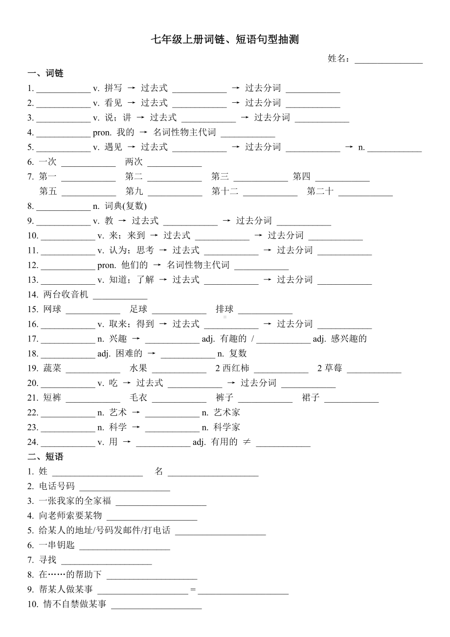 -人教新目标版七年级上册《英语》词链、短语、句型抽测-中考基础复习.docx_第1页