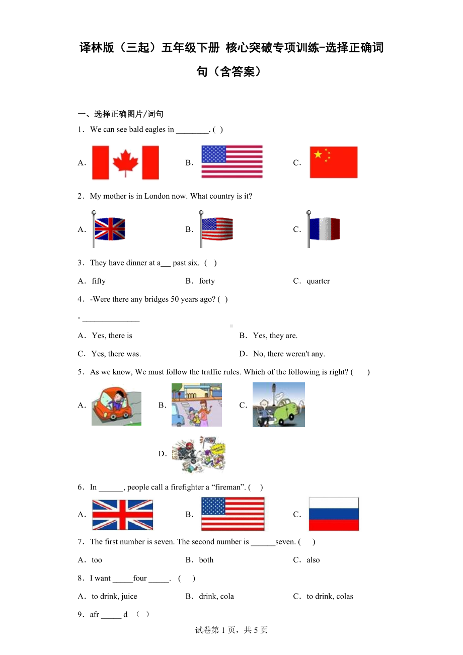 2023新牛津译林版（三起）五年级下册《英语》核心突破专项训练-选择正确词句（含答案）.docx_第1页