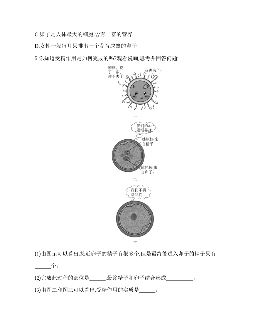 苏教版生物七年级下册8.1精卵结合孕育新的生命同步练习(含解析）.docx_第2页