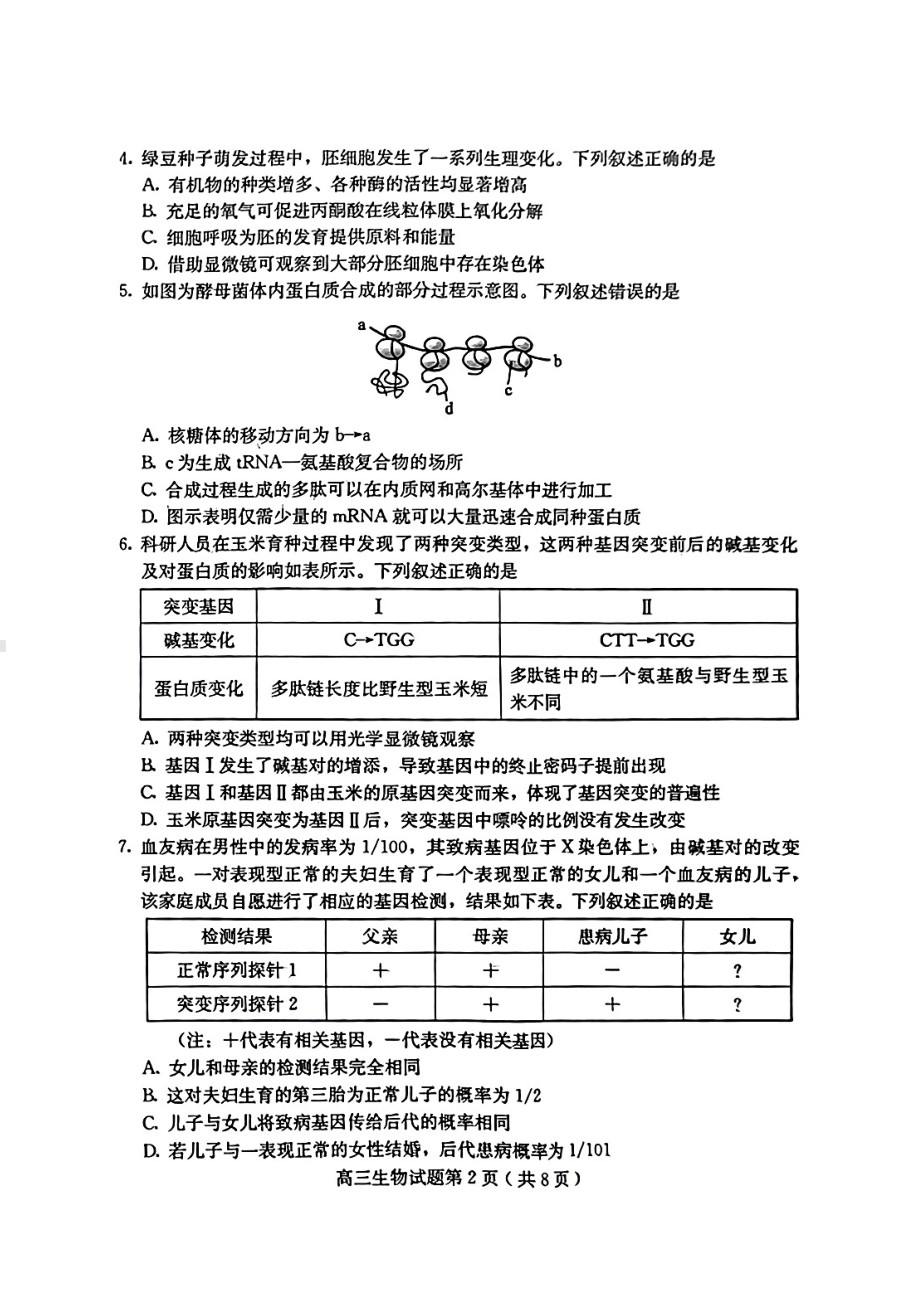 河北省保定市2023届高三年级一模生物试卷+答案.pdf_第2页