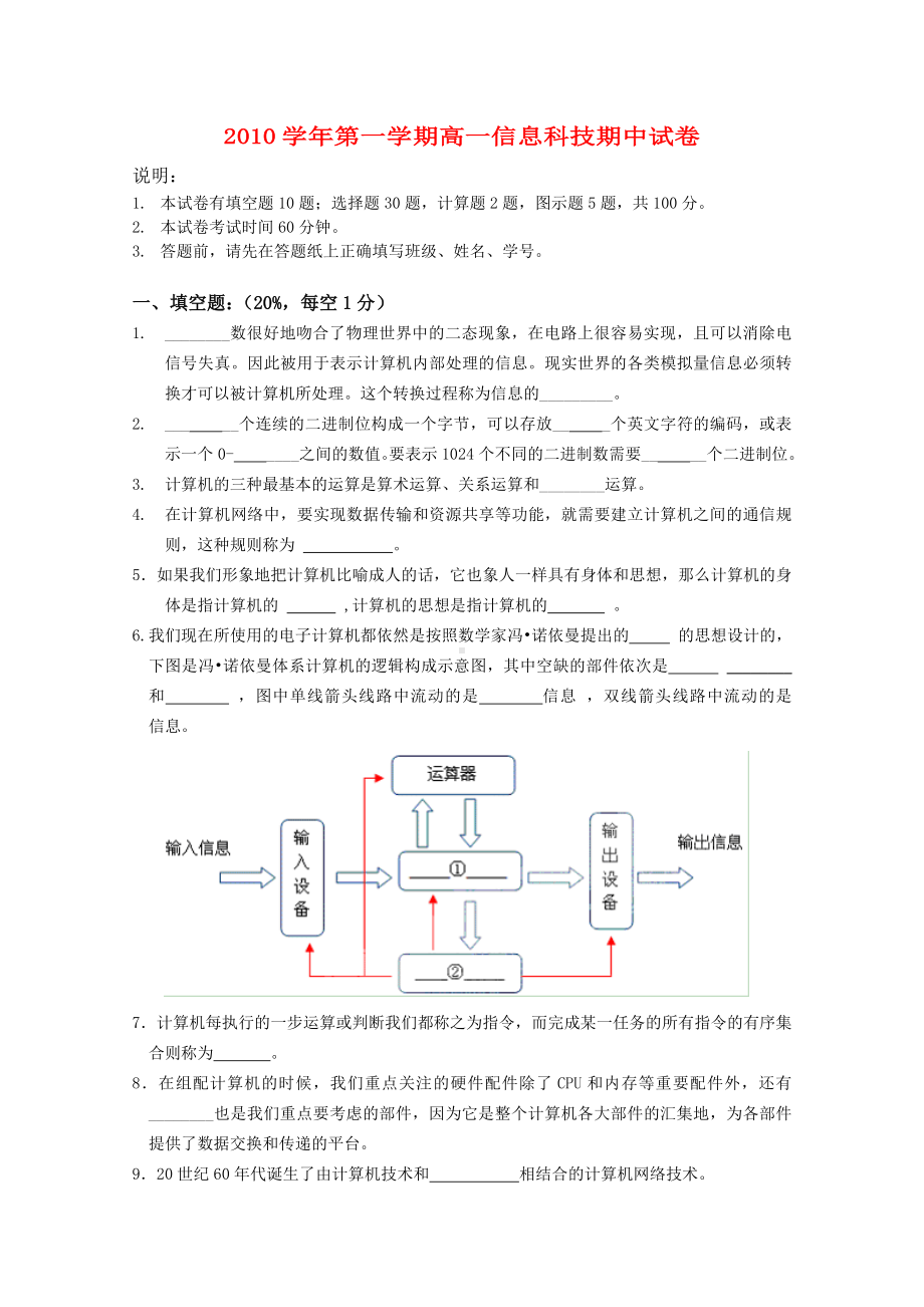 上海吴淞中学10-11学年高一信息技术上学期期中考试沪教版.doc_第1页