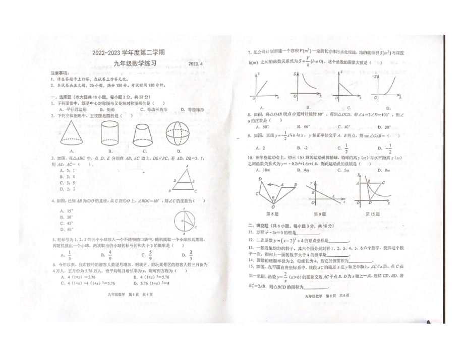 辽宁省大连市普兰店区部分学校2022-2023学年九年级下学期4月练习数学试题 - 副本.pdf_第1页