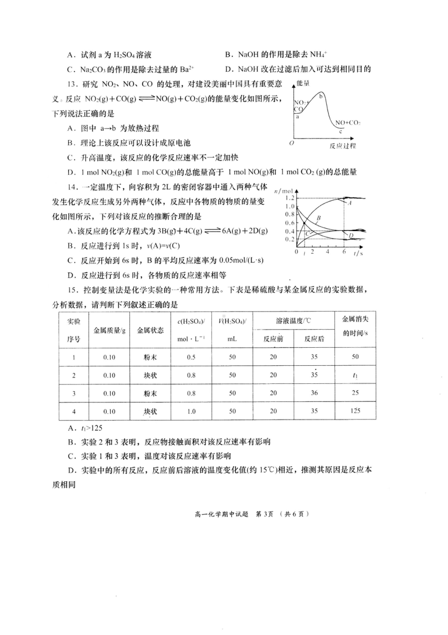 陕西省西安工业大学附属中学2022-2023学年高一下学期期中考试化学试题 - 副本.pdf_第3页