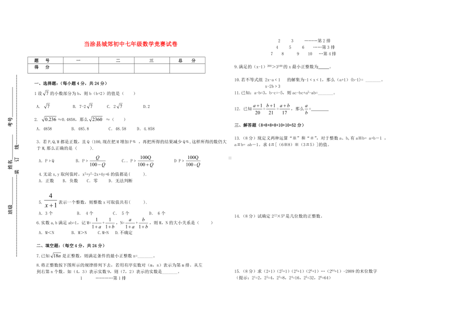 安徽省当涂县城郊初中七年级数学竞赛试卷（无答案） 沪科版.doc_第1页