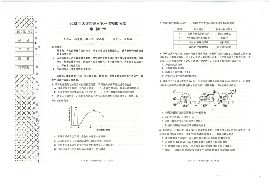 辽宁省大连市2023届高三年级一模生物试卷+答案.pdf_第1页