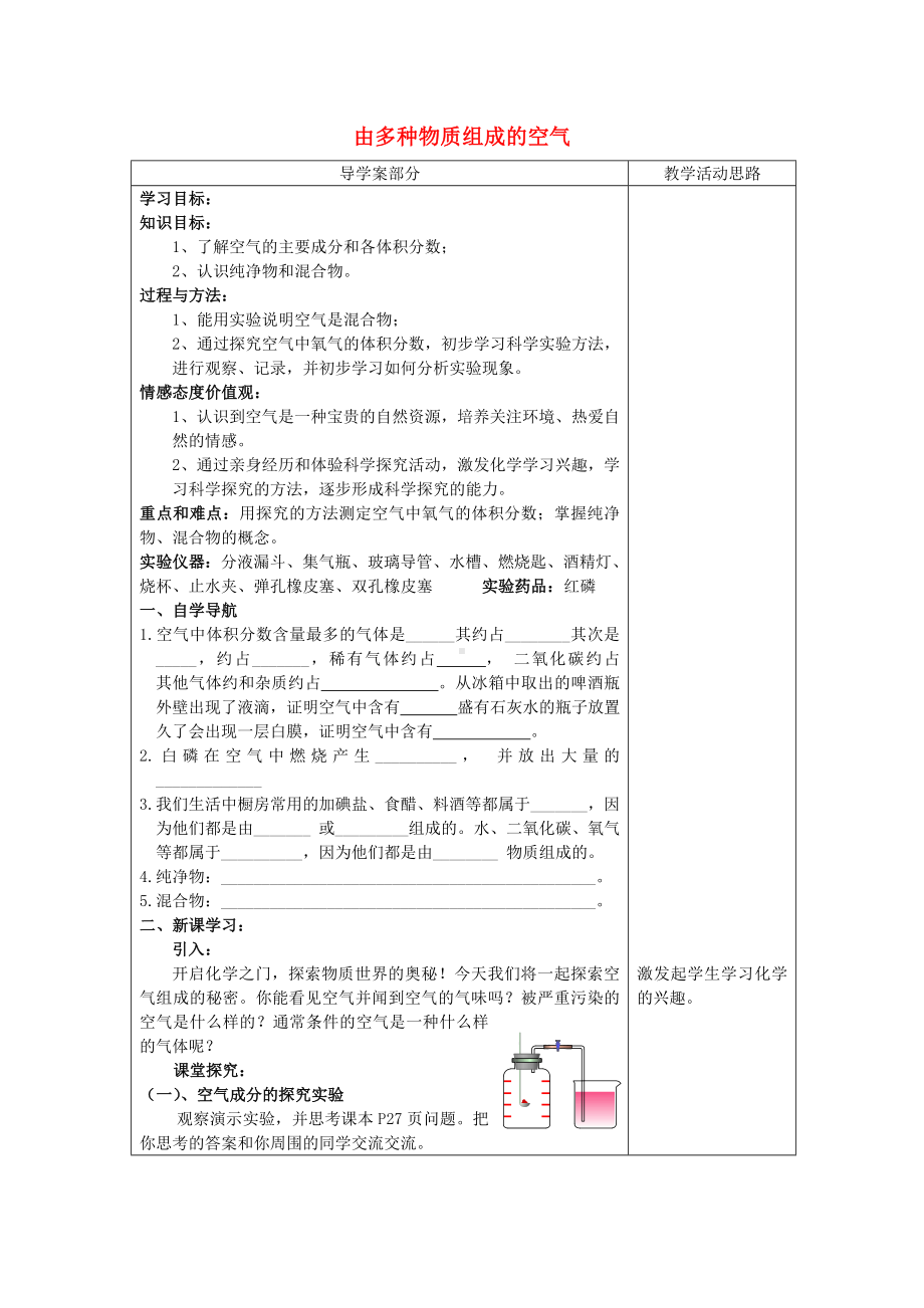 九年级化学 由多种物质组成的空气导学案（无答案） 沪教版.doc_第1页