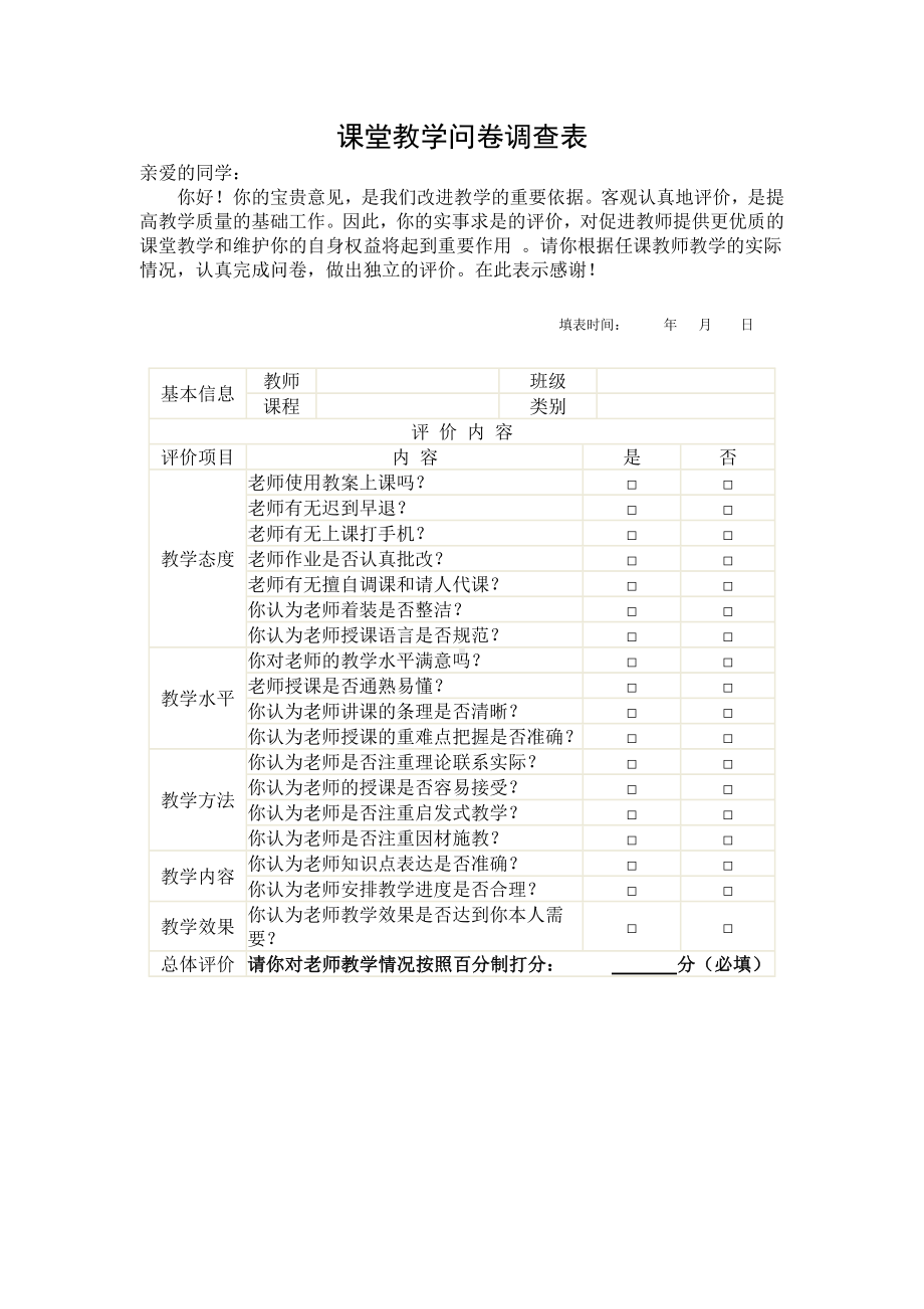 小学课堂教学问卷调查表.docx_第1页