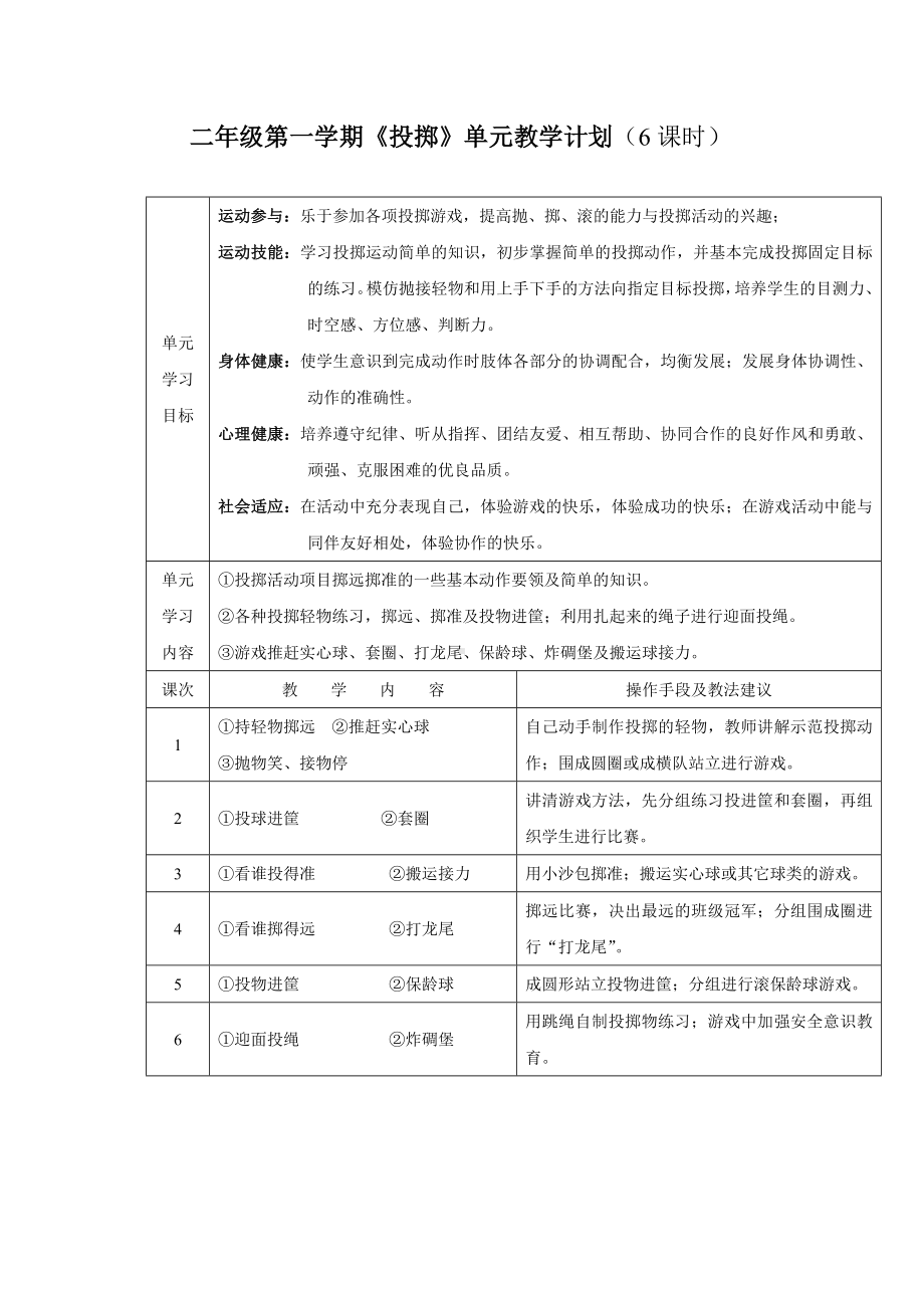 小学体育二年级第一学期《投掷》单元教学计划.doc_第1页