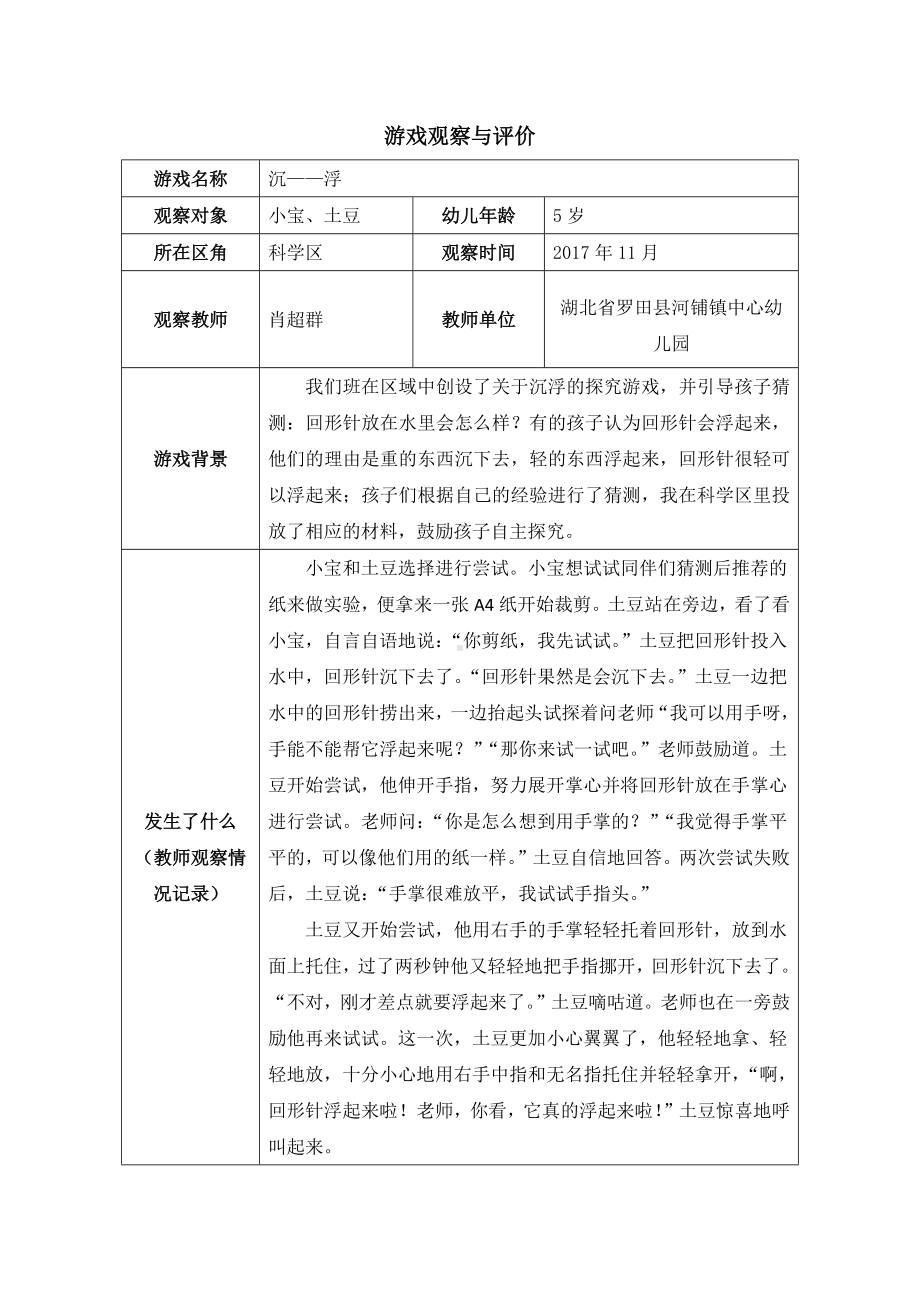 （作业表单）（幼儿园）游戏观察与评价 (3).docx_第1页