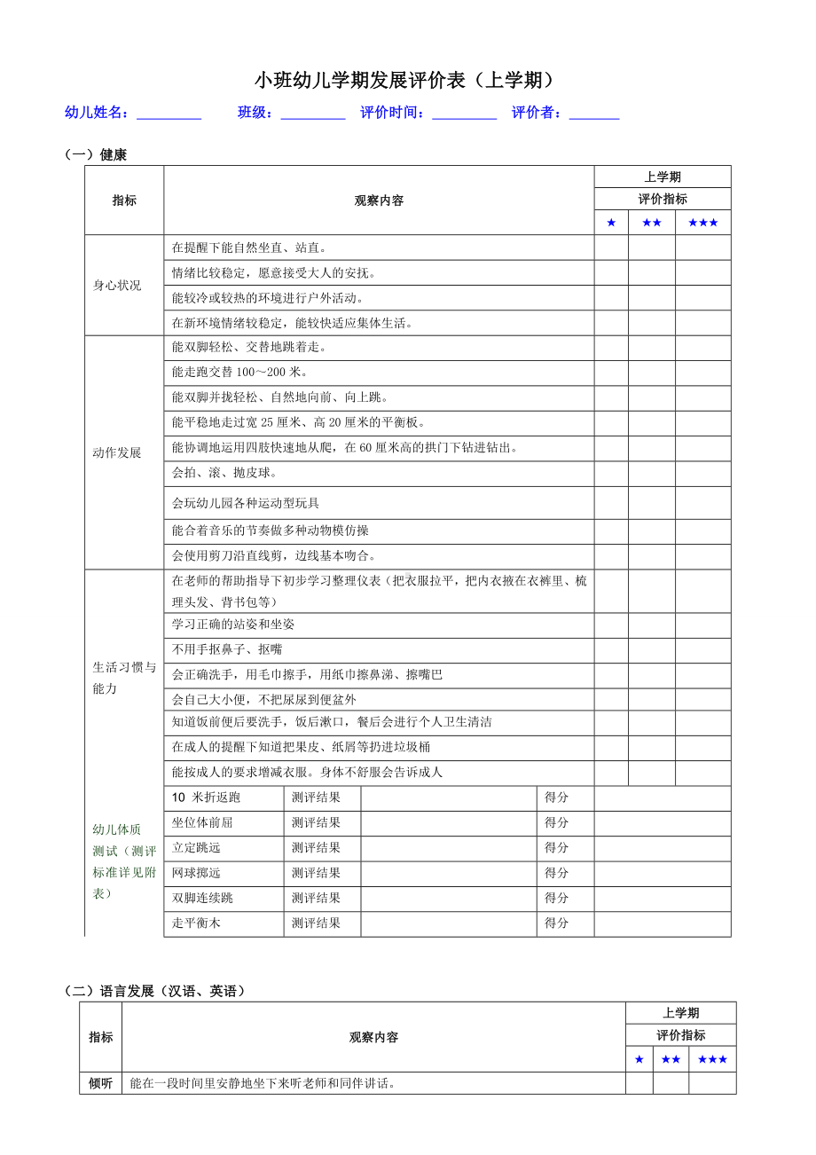 小班幼儿学期发展评价表（上学期）.doc_第1页