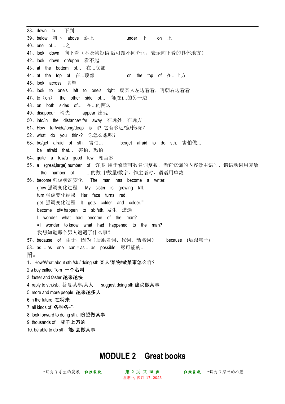 外研版初中英语九年级重点短语、词汇典型句型总结.doc_第2页