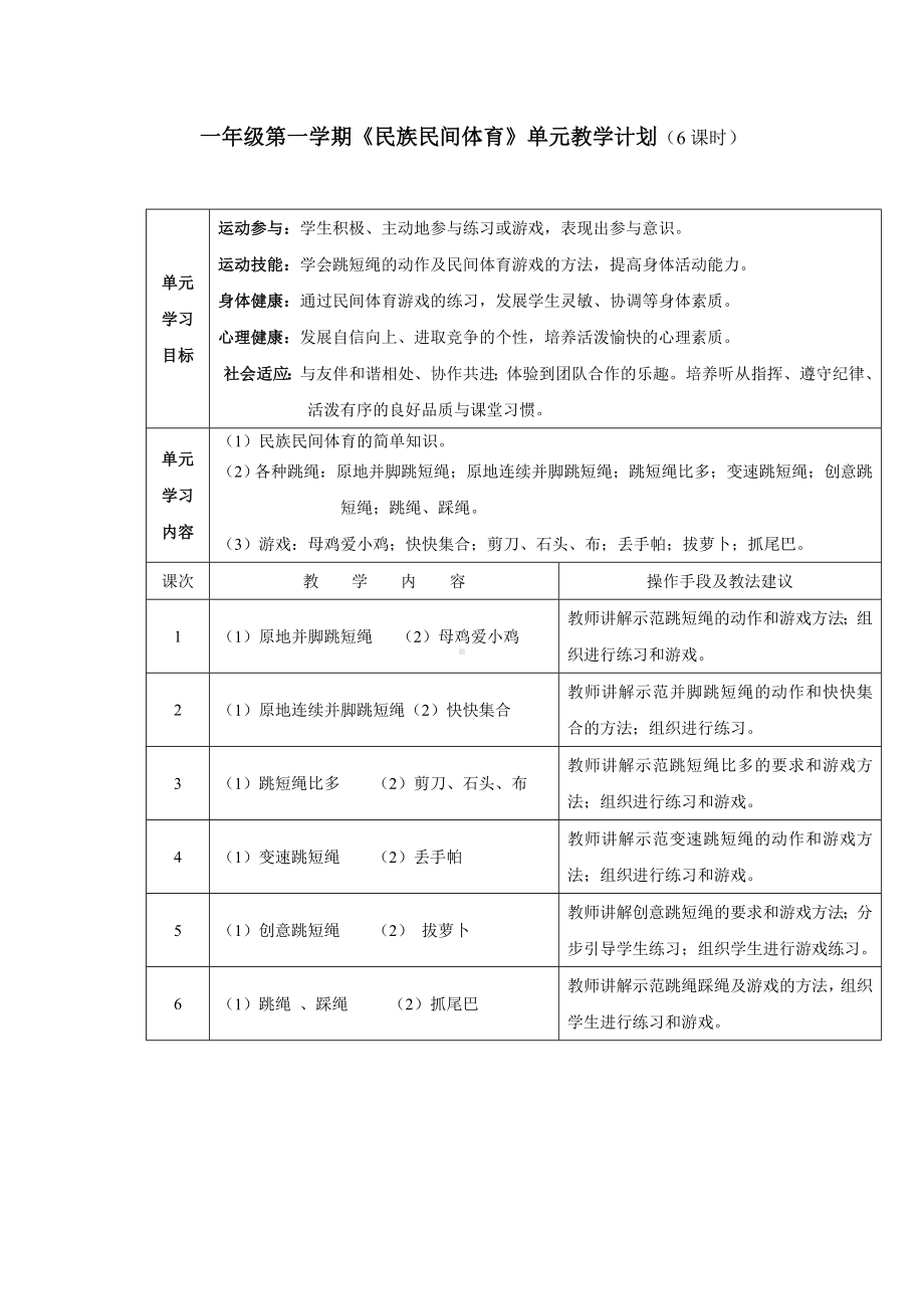 小学体育一年级第一学期《民族民间体育》单元教学计划.doc_第1页