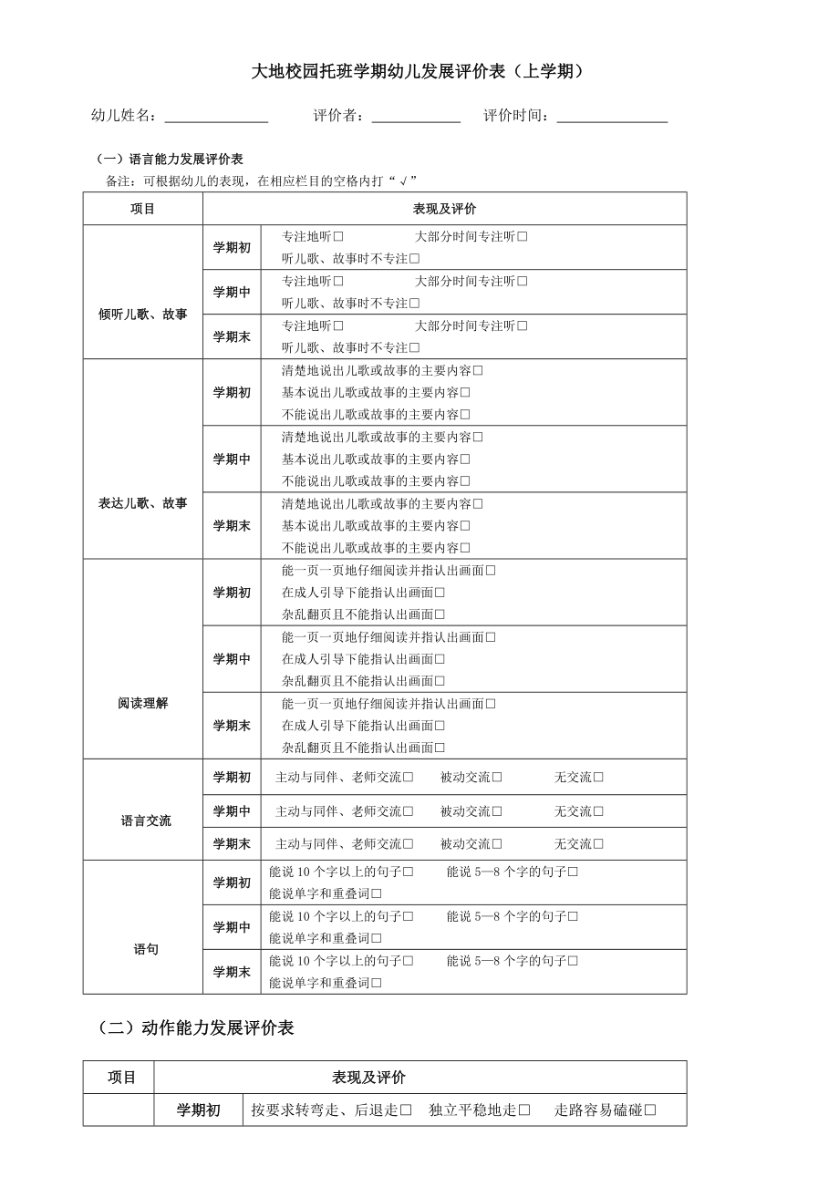 托班学期幼儿发展评价表（上学期）.doc_第1页