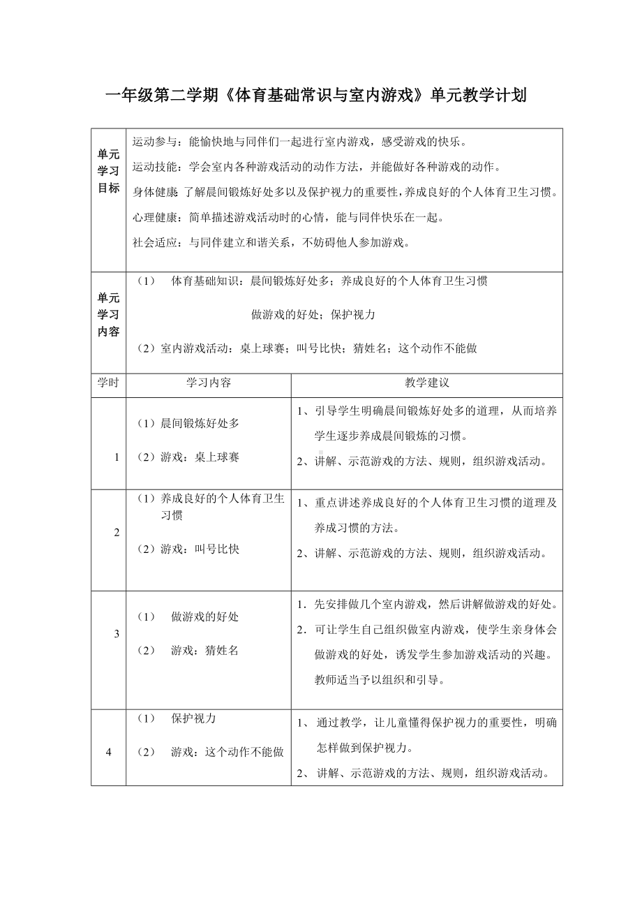 小学体育一年级第二学期《体育基础常识与室内游戏》单元教学计划.doc_第1页