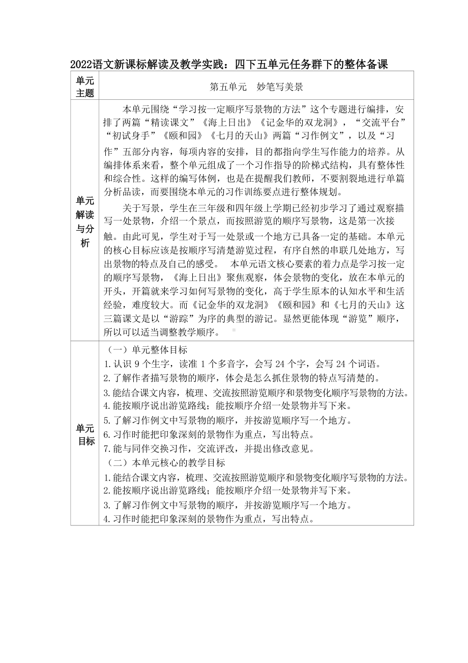 2022语文新课标解读及教学实践：四下五单元任务群下的整体备课.docx_第1页