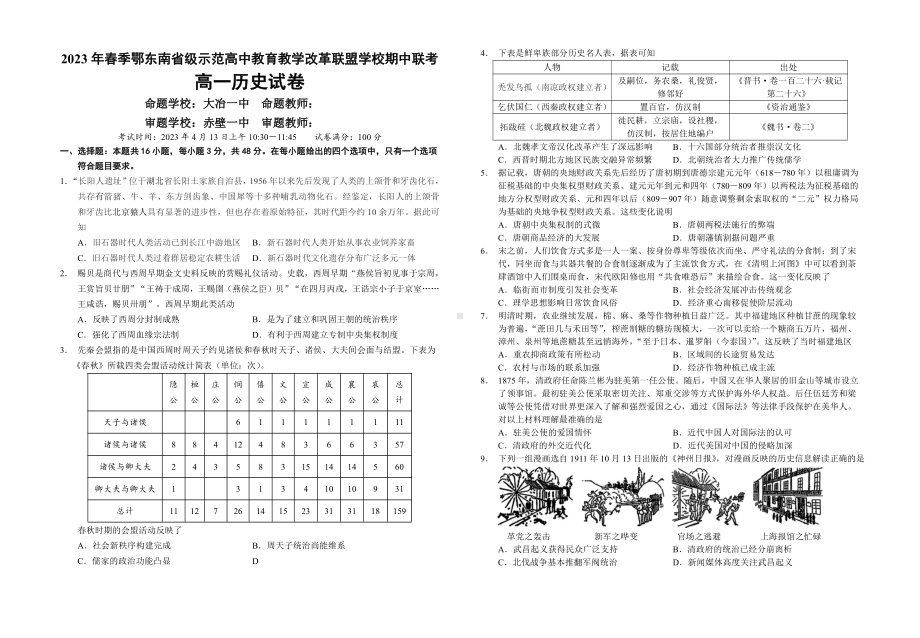 鄂东南示范高中2022-2023高一下学期历史期中试卷+答案.pdf_第1页