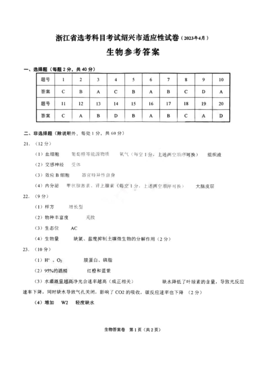 2023届浙江省绍兴市高三下学期适应性考试（二模）生物答案.pdf_第1页