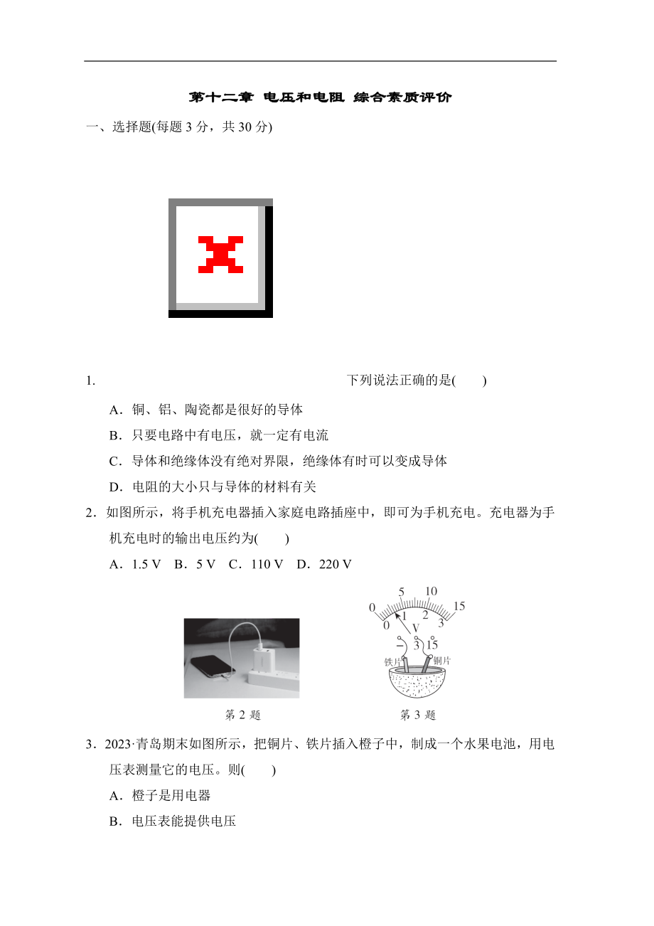 第十二章 电压和电阻 综合素质评价 鲁科版物理九年级上册（五四制）.doc_第1页