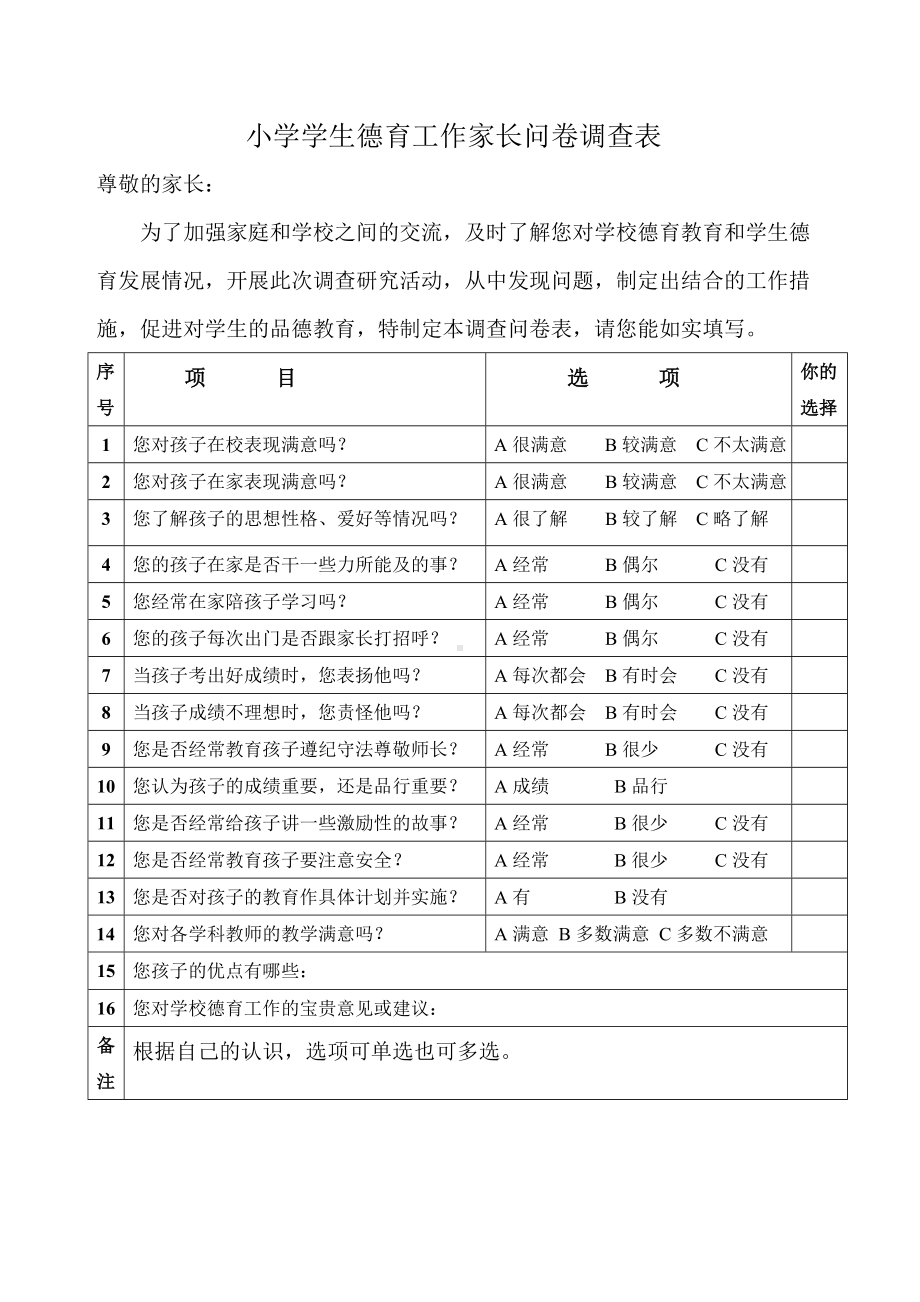 小学学生德育工作家长问卷调查表[1].doc_第1页