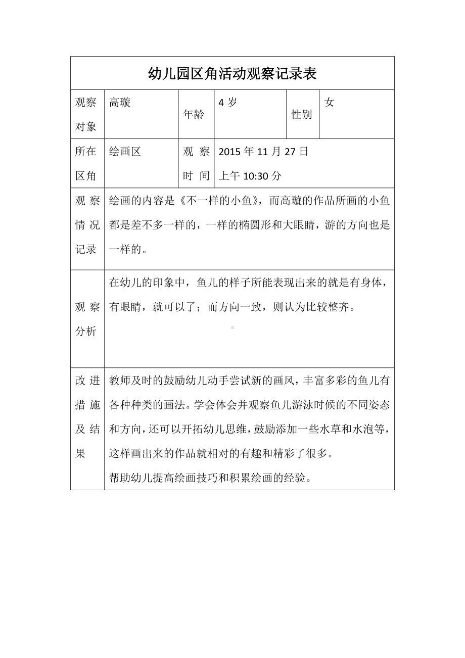 幼儿园区角活动观察记录表.docx_第1页