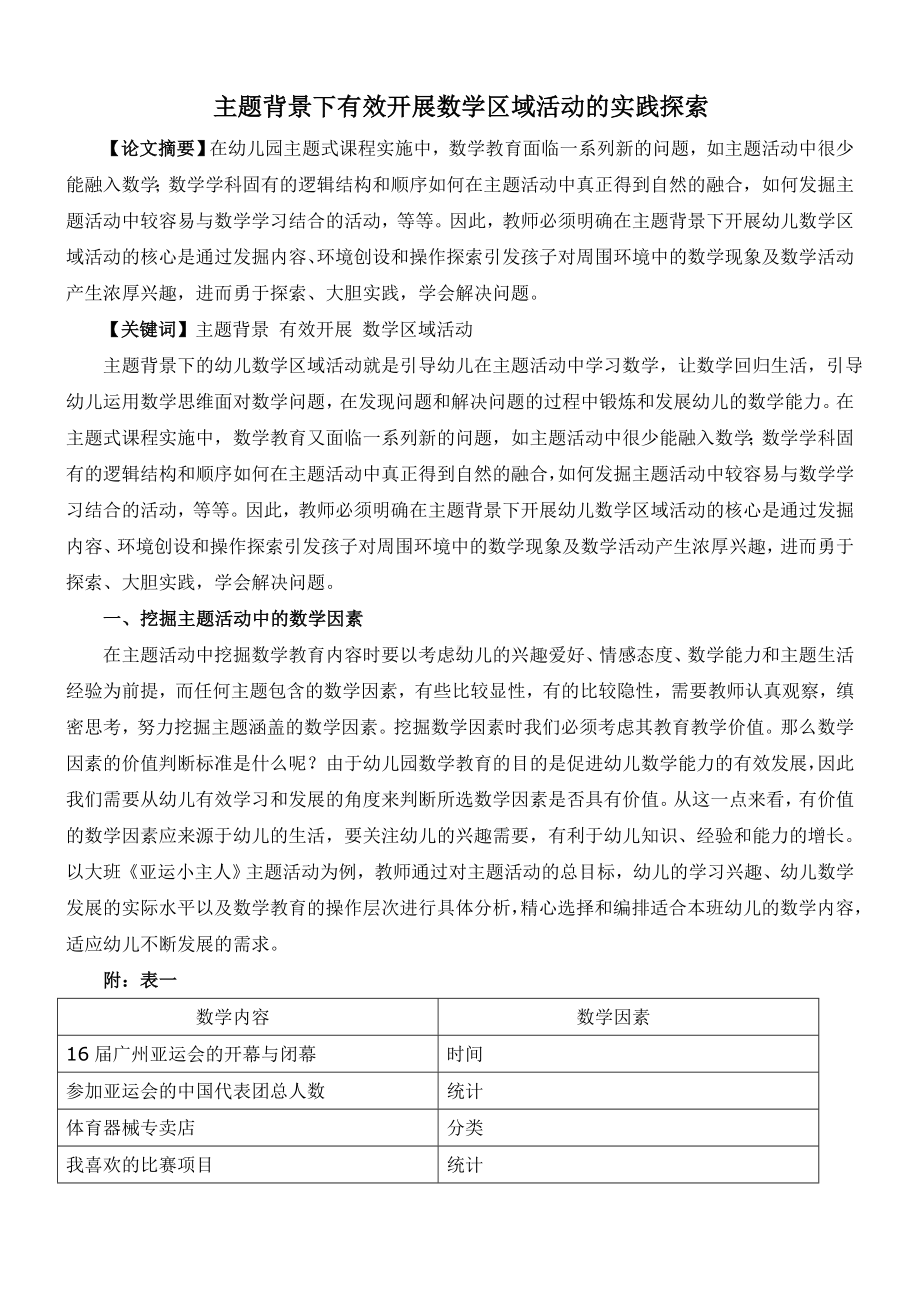 获奖论文《主题背景下有效开展幼儿数学区域活动的实践探索》.doc_第1页