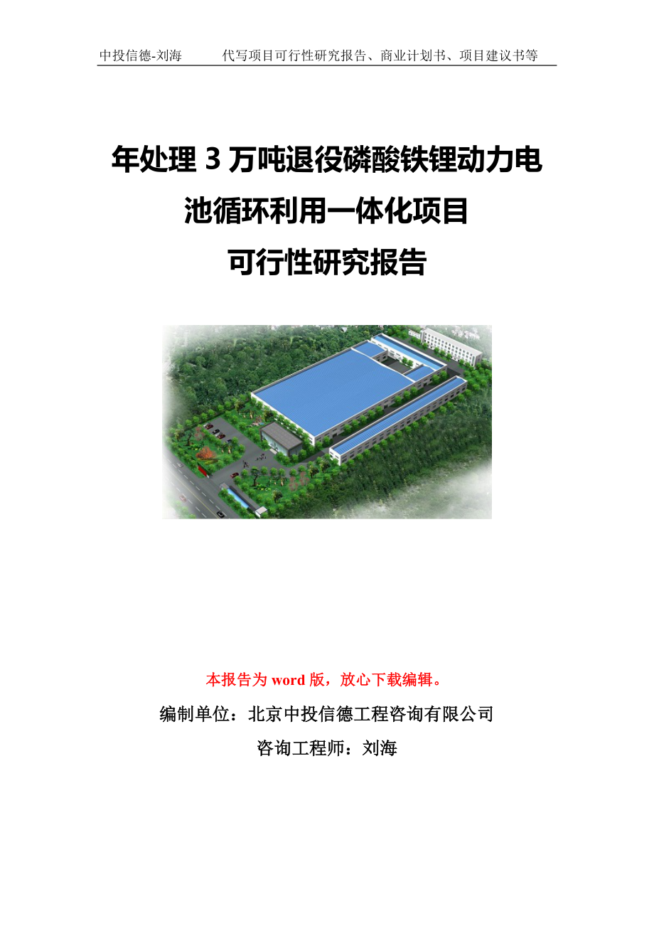 年处理3万吨退役磷酸铁锂动力电池循环利用一体化项目可行性研究报告模板-代写定制.doc_第1页