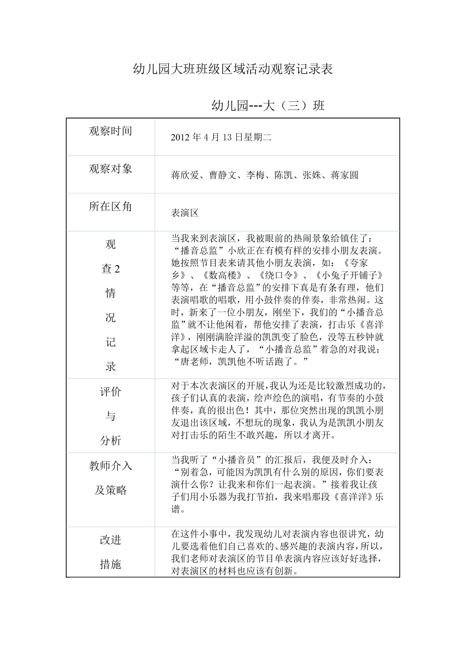 幼儿园大班班级区域活动观察记录表.doc_第1页